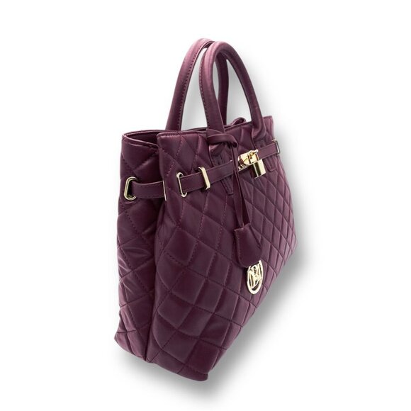 New Badgley Mischka Plum Big Diamond Quilted Tote Bag Gold Lock Vegan Leather - Picture 2 of 7